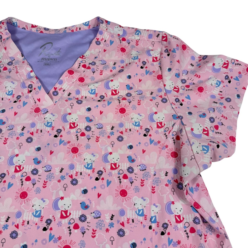 Maevn Prints Scrub Top 2XL Pink Bunny Garden‎ Animal Print V-Neck 1767